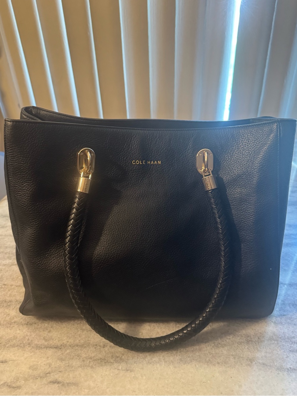 Cole Haan Black Leather Tote with Braided Handles and Gold Hardware